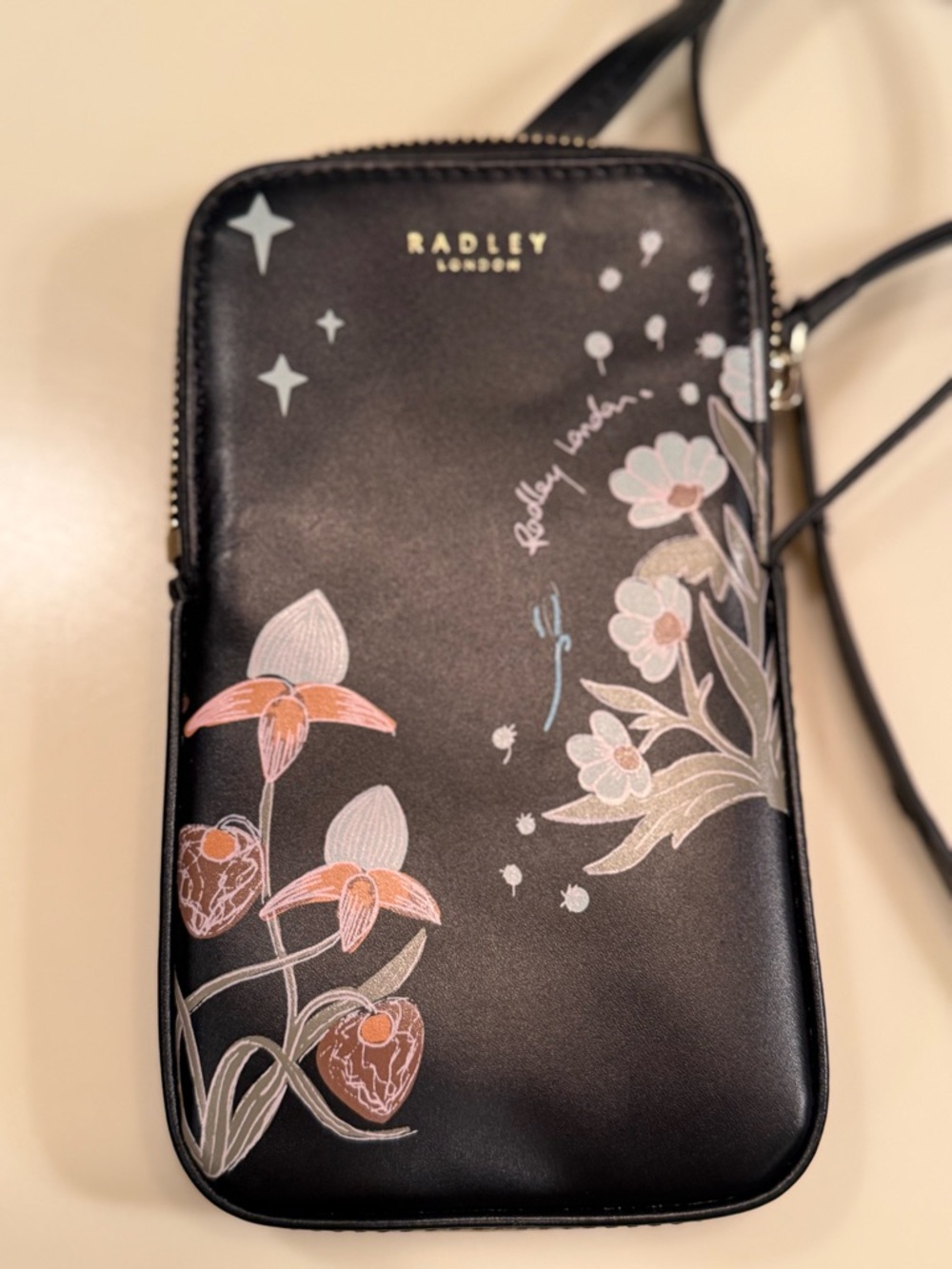 RADLEY LONDON Black Floral Crossbody Phone Pouch with Pink Accents